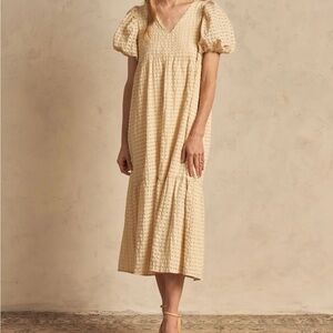 Noralee lemon check Elegant Cream Midi Dress with Puff Sleeves